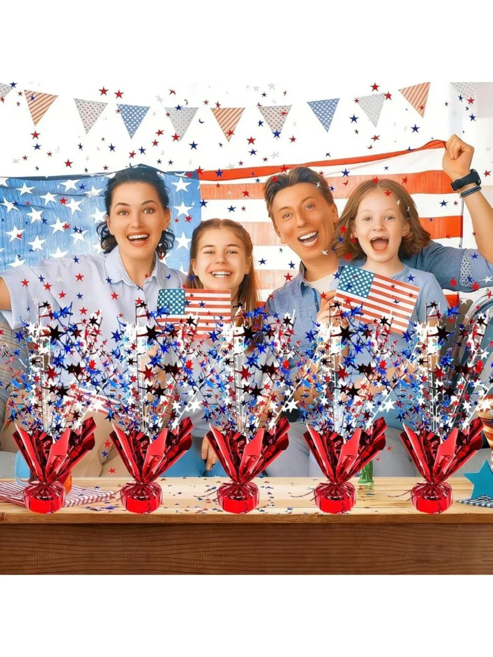 6 Pack Patriotic Table Centerpiece Decorations - Metallic Star Burst for 4th of